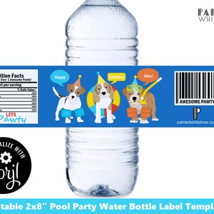 May include: Editable 2x8 inch pool party water bottle label template featuring three cartoon dogs wearing pool floaties and party hats. The label has a blue background with the text "Let's Pawty" and a nutrition facts label with the text "Awesome Pawty".