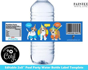 May include: Editable 2x8 inch pool party water bottle label template featuring three cartoon dogs wearing pool floaties and party hats. The label has a blue background with the text "Let's Pawty" and a nutrition facts label with the text "Awesome Pawty".