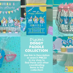 May include: A digital printable party collection for a dog-themed birthday party. The collection includes a party invitation, cupcake toppers, favor tags, and a banner. The colors are blue, pink, and yellow. The text on the invitation reads "Come... Sit... Doggy Paddle! Isabella is turning 8".