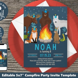May include: Editable 5x7 inch campfire party invitation template featuring a blue background with a campfire, a moose, a bear, a wolf, a fox, a rabbit, and a snake. The text on the invitation reads "Noah is turning 8" and includes the date and time of the party.