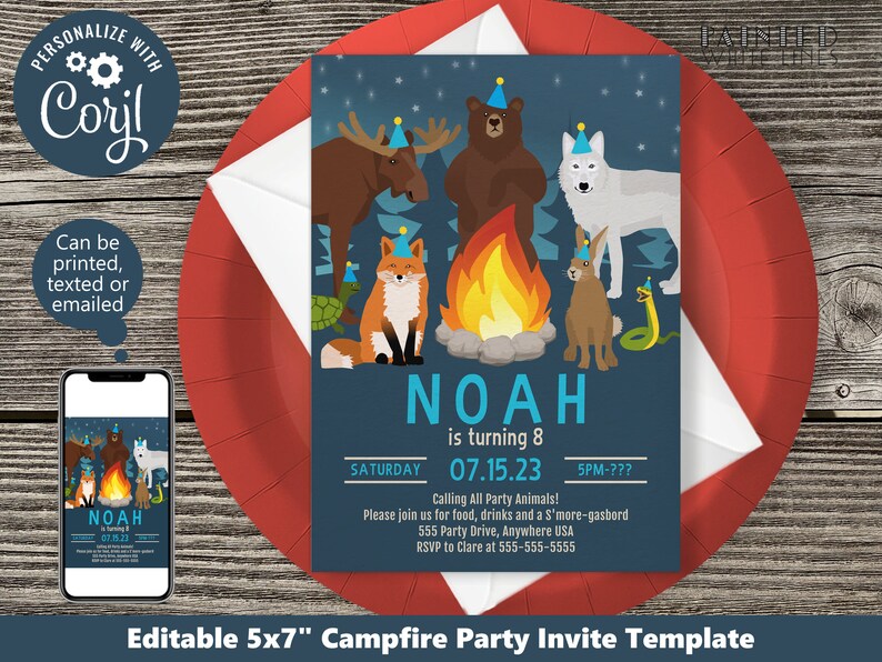 May include: Editable 5x7 inch campfire party invitation template featuring a blue background with a campfire, a moose, a bear, a wolf, a fox, a rabbit, and a snake. The text on the invitation reads "Noah is turning 8" and includes the date and time of the party.