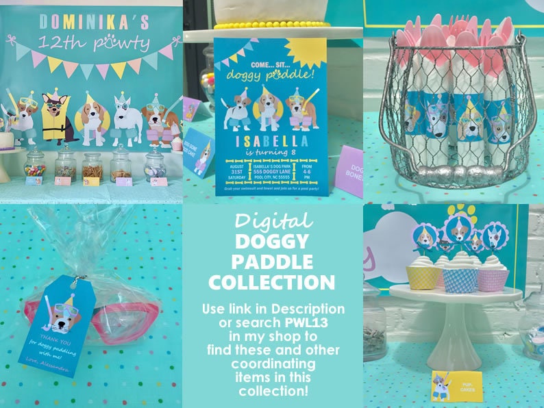 Pode incluir: Uma cole&ccedil;&atilde;o digital imprim&iacute;vel para uma festa com tema de remo para c&atilde;es. A cole&ccedil;&atilde;o inclui um convite para a festa, toppers para cupcakes, etiquetas de lembrancinhas e uma placa que diz "Cole&ccedil;&atilde;o digital de remo para c&atilde;es".