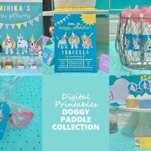 May include: A digital printable collection for a doggy paddle themed party. The collection includes a party invitation, cupcake toppers, favor tags, and a banner. The invitation features a cartoon dog wearing a party hat and sunglasses. The cupcake toppers feature cartoon dogs wearing different accessories. The favor tags feature a cartoon dog wearing a party hat and sunglasses. The banner features the text "DOMINIKA'S 12th p&ouml;wty".