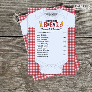 May include: A red and white gingham patterned baby shower invitation with a white onesie graphic and the text "Kristy & Mike's BabyQ Number 1 & Number 2". The invitation also includes a list of names and years, such as "Michael & Matthew 2015" and "Mary & Shirley 1995".