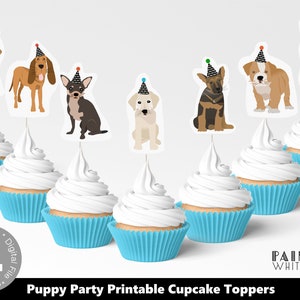 Dog Party Cupcake Topper Druckbare moderne Cupcake Toppers Welpen Kuchenstecker Hund Thema Cupcake Toppers Welpen Party Cupcakes PHL18BW
