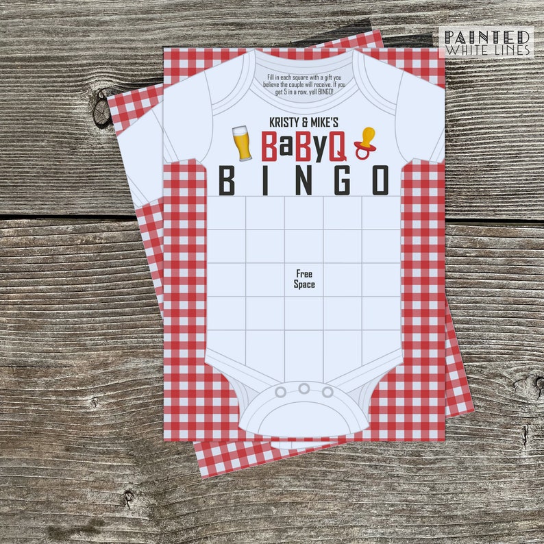 May include: A white baby onesie with a red and white gingham pattern. The onesie has the text "KRISTY & MIKE'S BaByQ" and "BINGO" printed on it. The onesie is on a red and white gingham background.