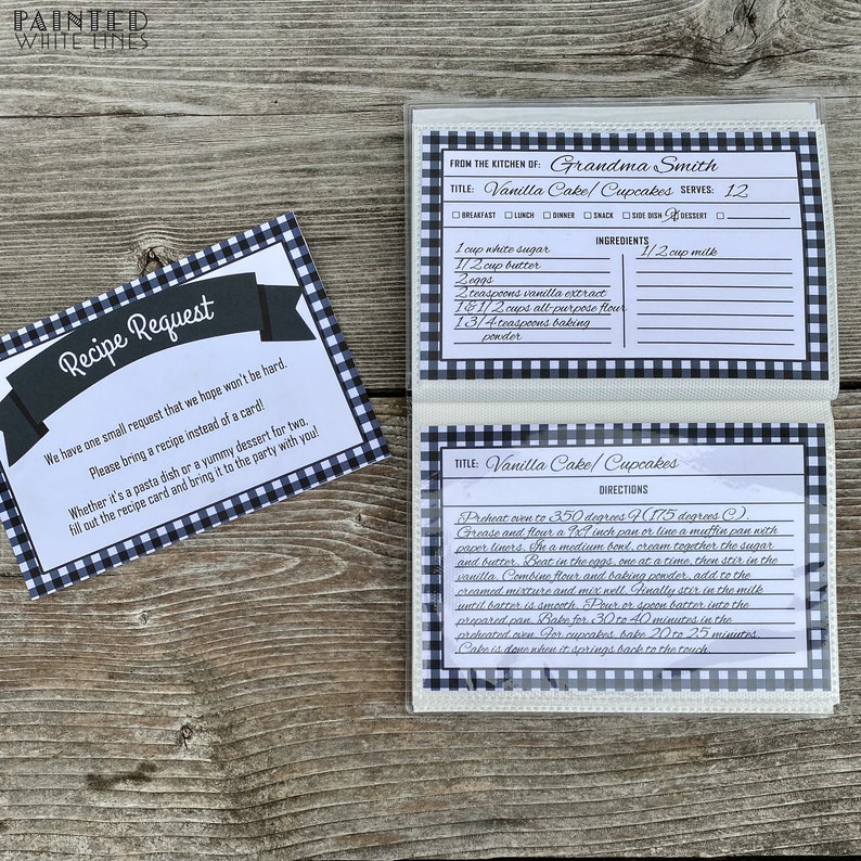 May include: A black and white checkered recipe card with the title "Recipe Request". The card has a message asking guests to bring a recipe instead of a card to a party. The card is next to a recipe card for Vanilla Cake/Cupcakes, with ingredients and directions for baking.