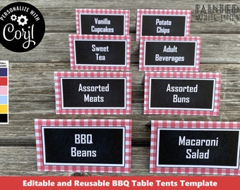 May include: Editable and reusable BBQ table tent templates with a red and white gingham pattern. The templates feature black chalkboard-style labels with text such as "Vanilla Cupcakes", "Potato Chips", "Sweet Tea", "Adult Beverages", "Assorted Meats", "Assorted Buns", "BBQ Beans", and "Macaroni Salad".