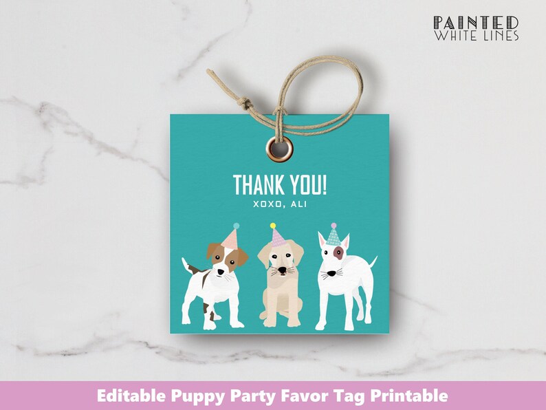 May include: Printable thank you tag featuring three cartoon dogs wearing party hats. The tag is turquoise blue with white text that reads "Thank You! XOXO, ALI".