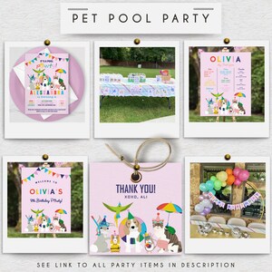 May include: A set of printable party decorations for a pet pool party. The decorations include a welcome sign, thank you tags, a birthday sign, and an invitation. The decorations feature a pink background with colourful illustrations of dogs, cats, and other animals wearing pool accessories.