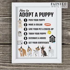 May include: A white framed poster with the title "How to Adopt a Puppy" and a list of steps with illustrations. The steps include: pick your puppy, make a collar, give your pet a check-up, train your puppy, decorate a house, and get your certificate.