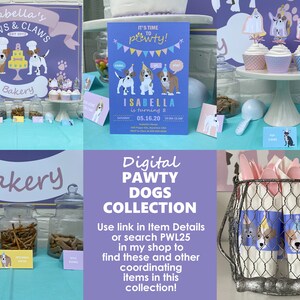 May include: A purple and white digital printable party collection for a dog-themed party. The collection includes a sign that says "Isabella's Paws & Claws Bakery", a party invitation, and a set of napkins with dog illustrations. The text "Digital Pawty Dogs Collection" is displayed in a purple and white banner. The text "Use link in Item Details or search PWL25 in my shop to find these and other coordinating items in this collection!" is also displayed.