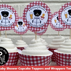 BaByQ Shower Cupcake Toppers Template Wrappers Printable Backyard BBQ Baby Shower Cupcakes Coed BaByQ Decor Cookout Barbeque Download pwl8