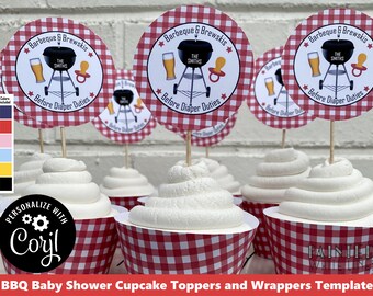 BaByQ Shower Cupcake Toppers Template Wrappers Printable Backyard BBQ Baby Shower Cupcakes Coed BaByQ Decor Cookout Barbeque Download pwl8