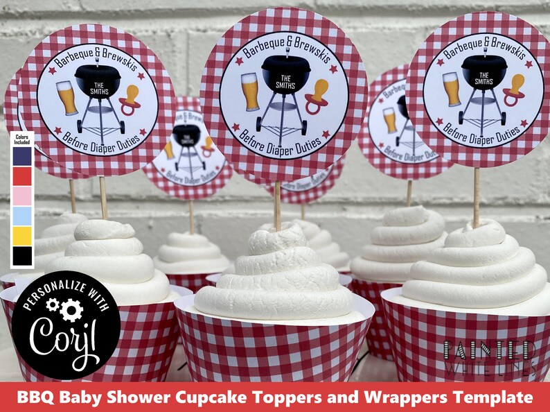 May include: Red and white checkered cupcake wrappers with a black circle that says "PERSONALIZE WITH Coryl" and a cupcake topper with a red and white checkered circle that says "Barbeque & Brewskis THE SMITHS ★ Before Diaper Duties ★".