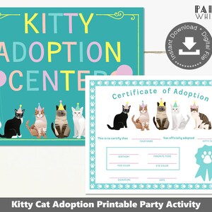 Cat Adoption Certificate Cat Adoption Party Kitty Party Favors Adopt a Cat Party Printables Girl Birthday Party Cat Party Favors PWL7