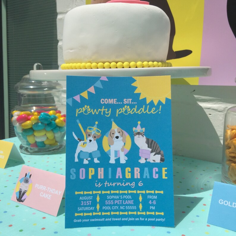 May include: A blue and yellow birthday party invitation with a paw print design. The invitation says "Come... Sit... Pawty Piddle!" and features three dogs wearing party hats. The invitation is for Sophia Grace's 6th birthday party. The party is at Sophia's Pool, 555 Pet Lane, Pool City, NC 55555 from 4-6 PM on 31st August. The invitation says "Grab your swimsuit and towel and join us for a pool party!"