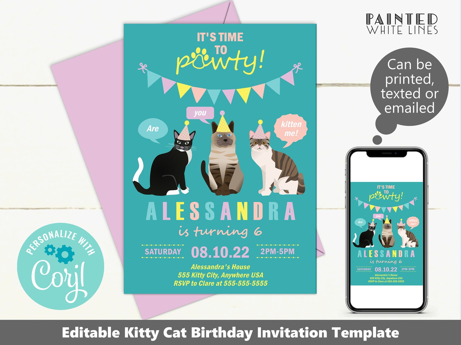 Cat Birthday Invitation Template Download Printable Cat Party - Etsy