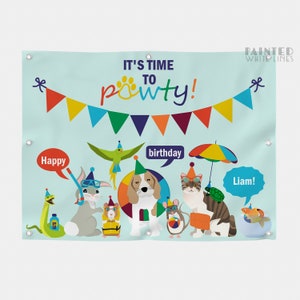 May include: A blue and white banner with the text "It's time to pawty!" and a colourful garland. The banner features a variety of animals wearing party hats, including a dog, a cat, a rabbit, a hamster, a snake, and a fish. The text "Happy birthday Liam!" is also included on the banner.