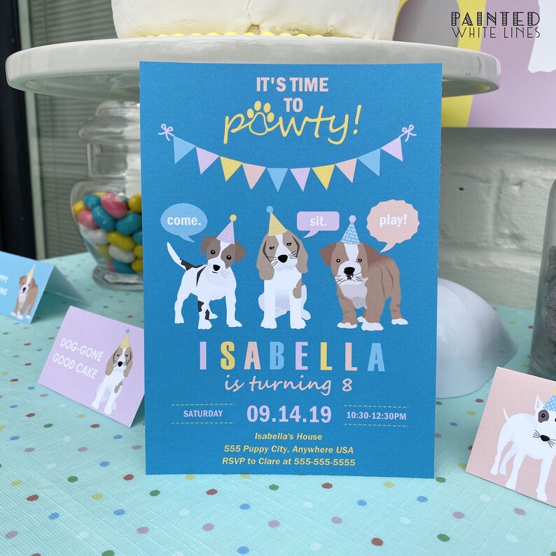 May include: A blue and yellow birthday party invitation with a paw print and the text "It's time to pawty!"  Three cartoon dogs wearing party hats are featured with speech bubbles that say "come", "sit", and "play". The invitation is for Isabella's 8th birthday party on 14 September 2019, from 10:30 AM to 12:30 PM at Isabella's House, 555 Puppy City, Anywhere USA. RSVP to Clare at 555-555-5555.