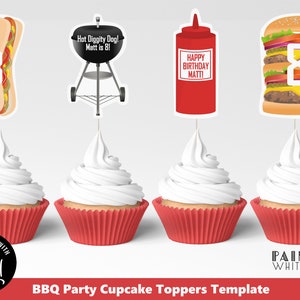 May include: Set of four cupcake toppers featuring a hot dog, grill, ketchup bottle, and hamburger. The toppers are decorated with the text "Hot Diggity Dog! Matt is 8!" and "Happy Birthday Matt!" The hamburger has a number 8 on it. The toppers are designed for a barbecue themed party.