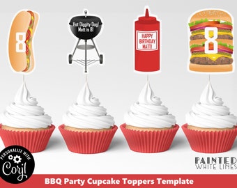 BBQ Party Cupcake Toppers and Wrappers Template Editable Printable BBQ Decorations Backyard BBQ Kids Birthday Party Hot Dog BaByQ PWL8