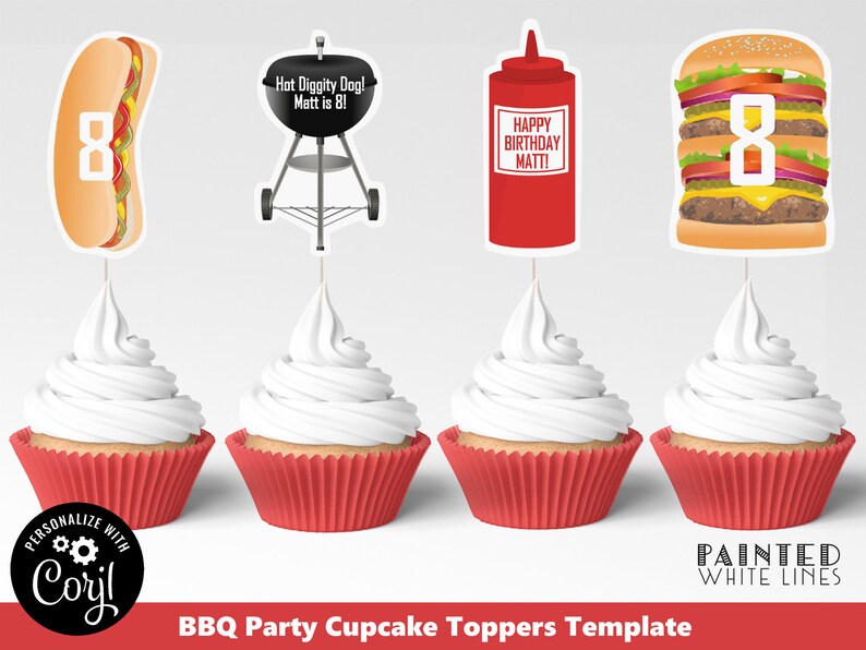 May include: Set of four cupcake toppers featuring a hot dog, grill, ketchup bottle, and hamburger. The toppers are decorated with the text "Hot Diggity Dog! Matt is 8!" and "Happy Birthday Matt!" The hamburger has a number 8 on it. The toppers are designed for a barbecue themed party.