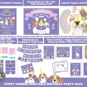 Puede incluir: Paquete de fiesta de cumplea&ntilde;os imprimible con tem&aacute;tica de cachorros con fondo morado. Incluye un tel&oacute;n de fondo de mesa de pastel de 91x122 cm, adornos para cupcakes, tarjetas de mesa, una pancarta y hojas de actividades. El texto "It's time to pawty!" est&aacute; en la invitaci&oacute;n.