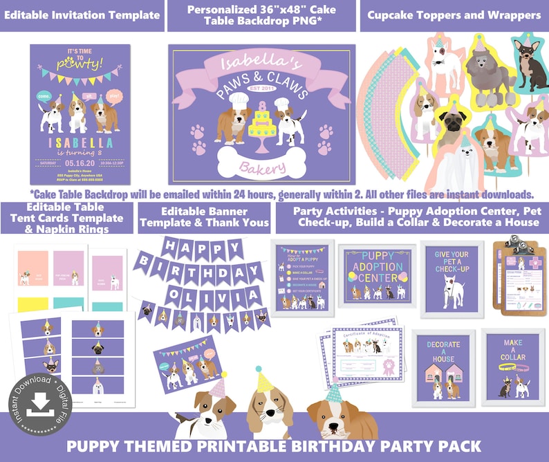 Puede incluir: Paquete de fiesta de cumplea&ntilde;os imprimible con tem&aacute;tica de cachorros con fondo morado. Incluye un tel&oacute;n de fondo de mesa de pastel de 91x122 cm, adornos para cupcakes, tarjetas de mesa, una pancarta y hojas de actividades. El texto "It's time to pawty!" est&aacute; en la invitaci&oacute;n.