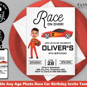 May include: Editable birthday invitation template featuring a red race car with flames and the text "Race On Over!"  The invitation also includes a photo placeholder, the name "Oliver's", and the text "Join us as we celebrate Oliver's 5th Birthday".