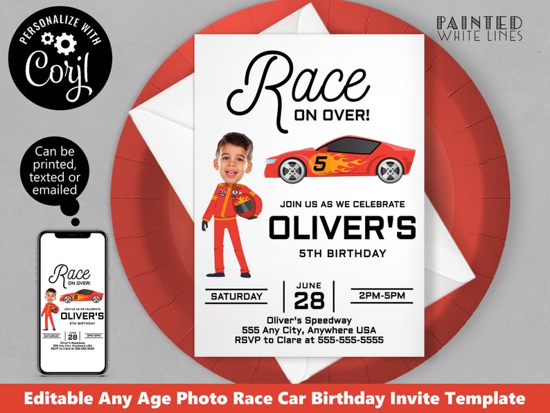 May include: Editable birthday invitation template featuring a red race car with flames and the text "Race On Over!"  The invitation also includes a photo placeholder, the name "Oliver's", and the text "Join us as we celebrate Oliver's 5th Birthday".