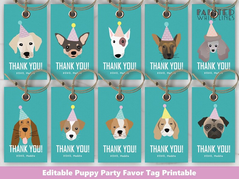 May include: Ten printable turquoise blue puppy party favor tags with different dog breeds wearing party hats. Each tag says "Thank You!" with the text "XOXO, Maddie" at the bottom.