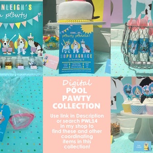 May include: A digital printable party collection for a pool party with a dog theme. The collection includes a party invitation, cupcake toppers, favor tags, and a banner. The colors are blue, pink, yellow, and white. The text on the invitation reads "Come sit, powty poddle! Sophia Grace is turning 6".