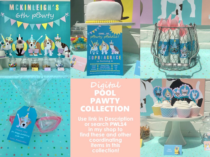 May include: A digital printable party collection for a pool party with a dog theme. The collection includes a party invitation, cupcake toppers, favor tags, and a banner. The colors are blue, pink, yellow, and white. The text on the invitation reads "Come sit, powty poddle! Sophia Grace is turning 6".