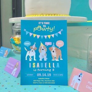 May include: A teal birthday party invitation with the text "It's Time to Powty!" and illustrations of three dogs wearing party hats. The invitation includes the name "Isabella" and party details.