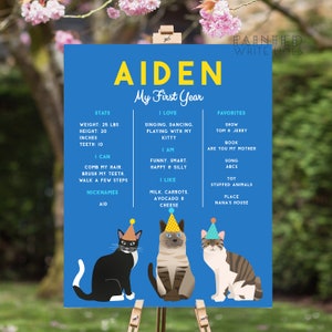 K&ouml;nnte beinhalten: Ein blaues und gelbes erstes Geburtstagsschild f&uuml;r einen Jungen namens Aiden. Das Schild enth&auml;lt Statistiken wie Gewicht, Gr&ouml;&szlig;e und Z&auml;hne sowie Dinge, die er liebt, kann und mag. Das Schild ist mit drei Katzen geschm&uuml;ckt, die Partyh&uuml;te tragen.