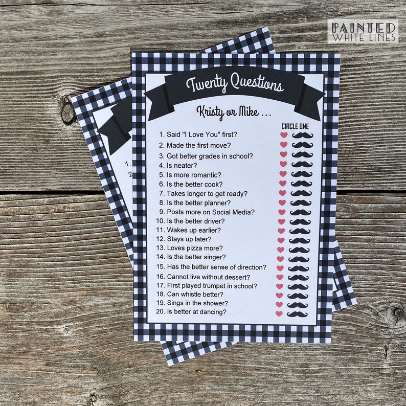 May include: A black and white gingham patterned card with the text "Twenty Questions" and "Kristy or Mike..." in white. The card has a list of 20 questions with a heart or a mustache icon next to each question for the player to circle.