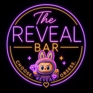 May include: A circular neon sign with purple and yellow light outlines. The text reads The REVEAL BAR, CHOOSE. REVEAL. OBSESS. A purple fuzzy creature with rabbit ears is in the center, holding a glowing purple diamond and a heart-shaped pendant.