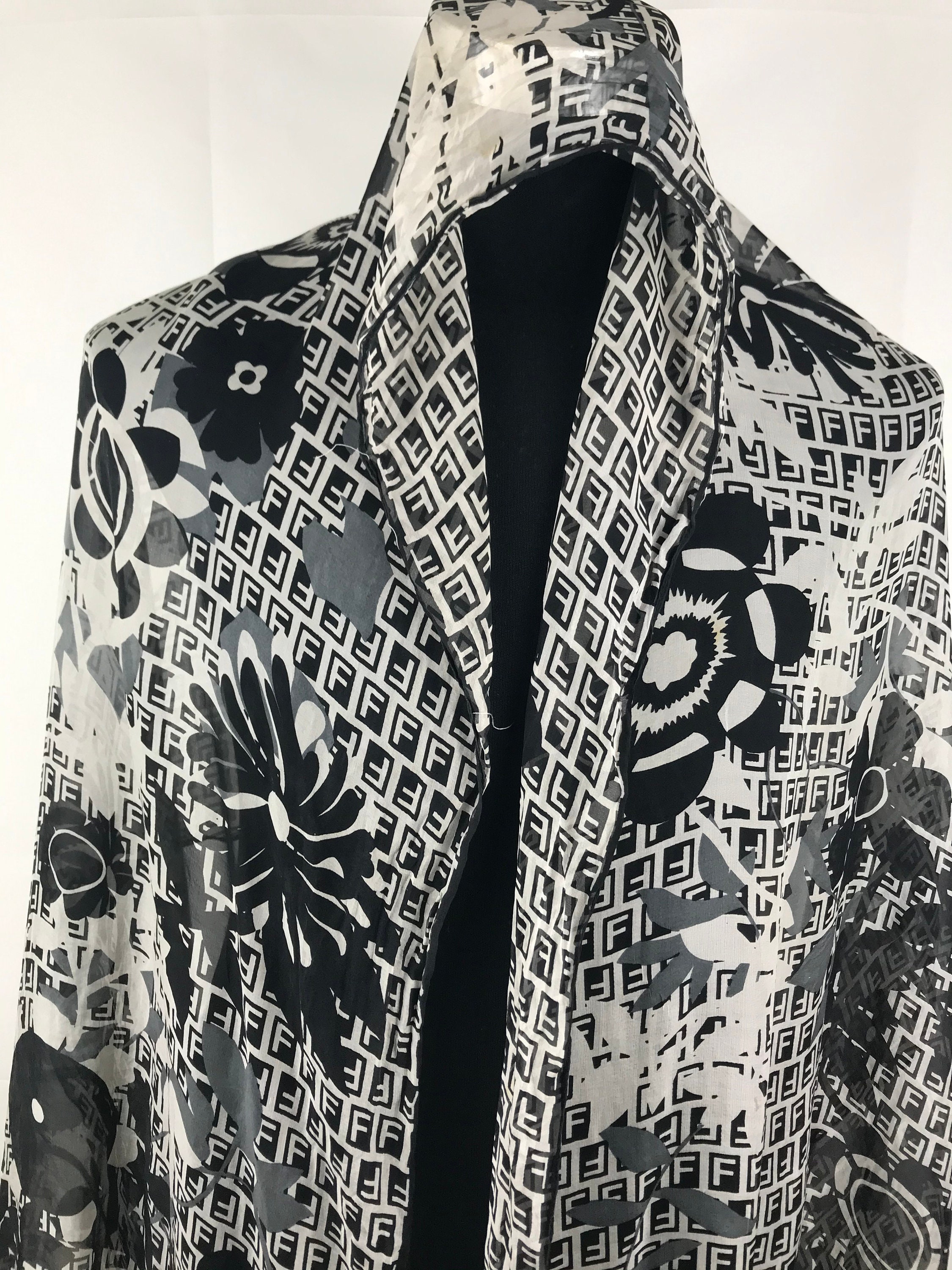 Fendi Monogram silk wrap scarves gift black and white / long | Etsy