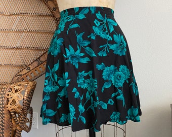 Vintage 90’s Y2K Grunge Turquoise Black Floral Skater Skirt