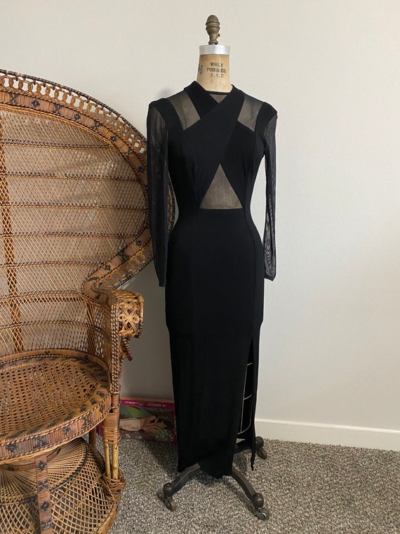 Vintage 1980’s Mesh Slit Black Evening Gown