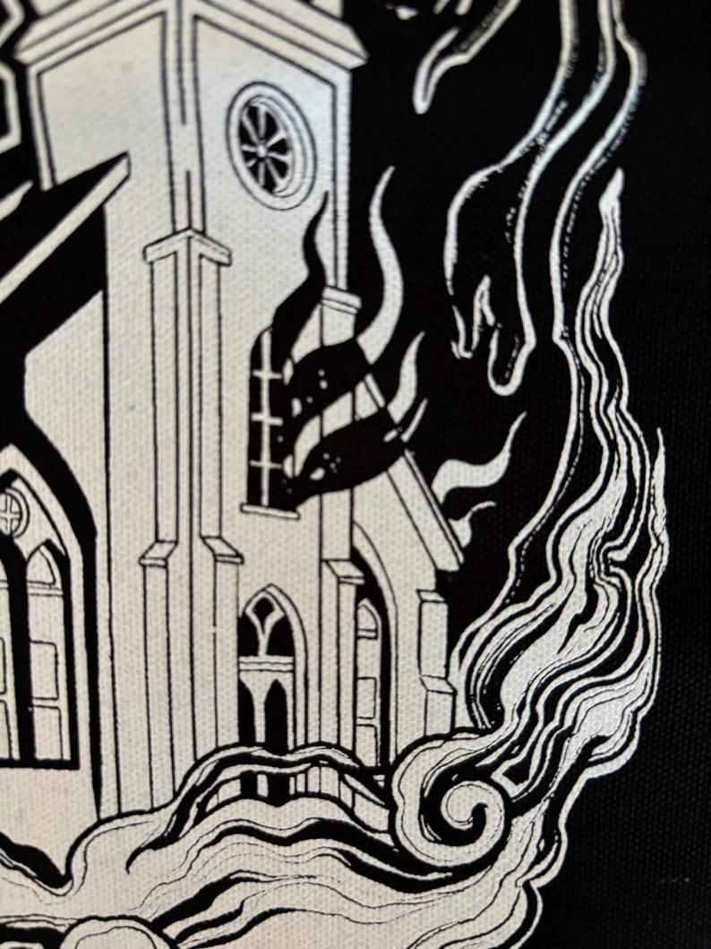 May include: Black and white illustration of a church engulfed in flames. The church is drawn in a detailed style with visible windows and a steeple. The flames are depicted as swirling smoke and fire.