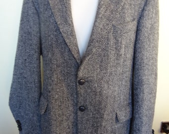 Vintage Harris Tweed Jacket in Black and Grey Herringbone
