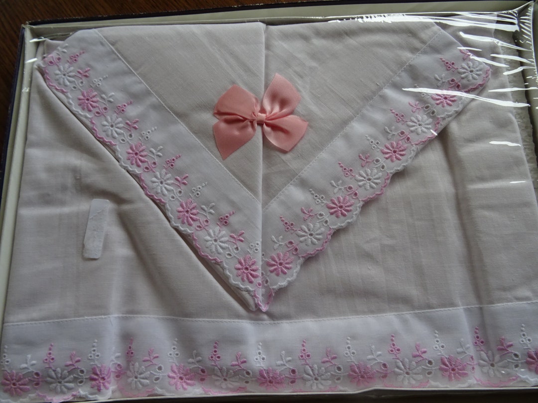 Pair Vintage Boxed White and Pink Broderie Anglaise Edged Pillowslips