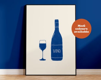 vino poster, wine art, painted print, linocut poster, French art, Italian art, aesthetic print, kitchen print, bar art, rose, red wine