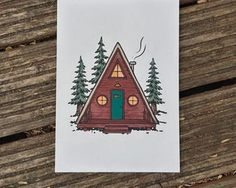 A Frame Cabin Art Print – Vintage American Camping and National Park Inspired Wall Decor