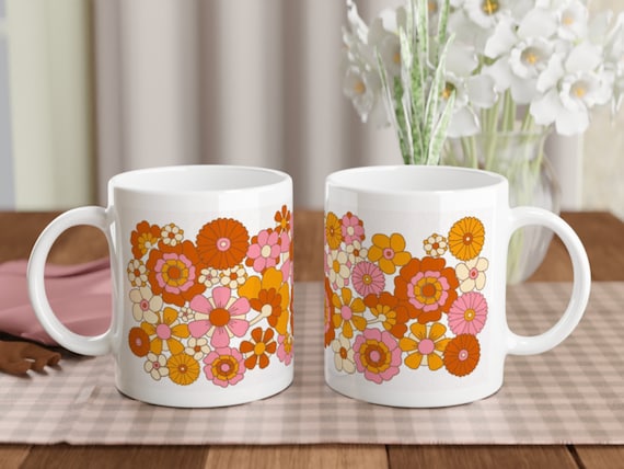 70s Flower Mug, White Ceramic Mug, Retro Design, Groovy Gift, Y2k Aesthetic,  Flower Power, Kitchen, Drinks, 70s, Coffee, Birthday Gift 