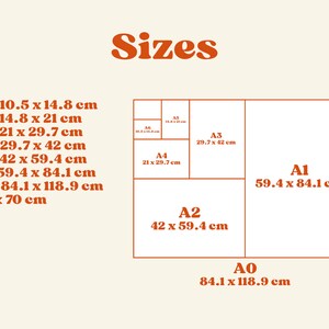 Puede incluir: Gr&aacute;fico beige con la palabra "Sizes" en marr&oacute;n, que muestra varios tama&ntilde;os de papel. Incluye tama&ntilde;os A6 (10,5 x 14,8 cm) a A0 (84,1 x 118,9 cm), con una opci&oacute;n adicional de 50 x 70 cm. El dise&ntilde;o muestra las dimensiones de cada tama&ntilde;o.