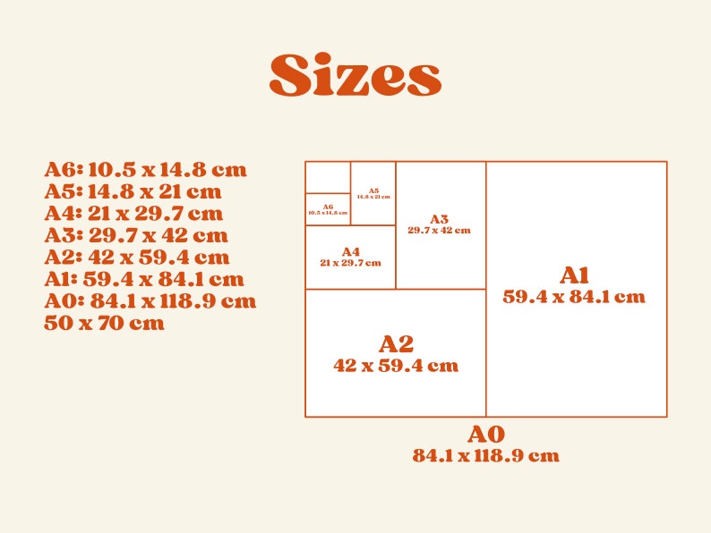 Puede incluir: Gr&aacute;fico beige con la palabra "Sizes" en marr&oacute;n, que muestra varios tama&ntilde;os de papel. Incluye tama&ntilde;os A6 (10,5 x 14,8 cm) a A0 (84,1 x 118,9 cm), con una opci&oacute;n adicional de 50 x 70 cm. El dise&ntilde;o muestra las dimensiones de cada tama&ntilde;o.