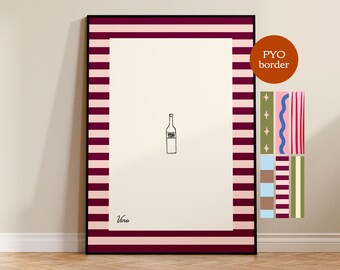 Vino print, custom border, pick your own border, hand-drawn art, painted print, rose art, white wine, red wine trendy art, trendy, UNFRAMED